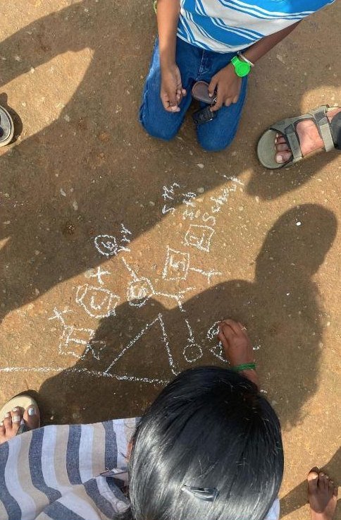 Children drawing a village map in chalk on the ground