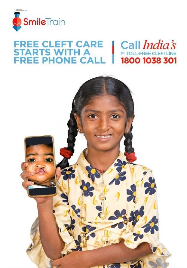 Smile Train poster: a girl holds a phone showing her younger self before cleft surgery