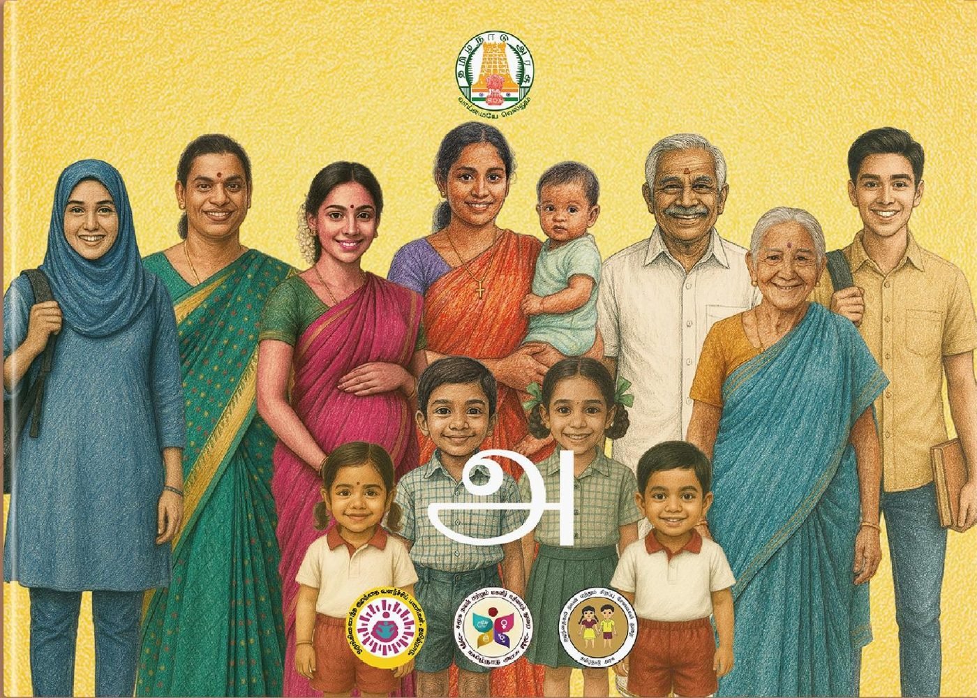 Report cover: people of all ages with the Tamil letter அ at the centre